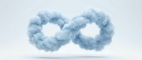 Blue fluffy cloud formation shaped like infinity symbol floating on white background. Conceptual design for endless possibilities and dreams.