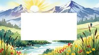 Mountain landscape frame with blank space for text, sunrise over peaks, wildflowers and stream, nature border design for presentations and marketing materials.