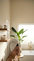 Young woman with towel wrapped hair relaxing in modern bathroom with green plant and natural light for spa wellness routine.