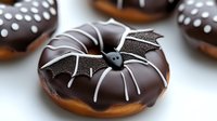Dark chocolate glazed doughnuts decorated with spooky spider web and bat designs in white icing, perfect for Halloween celebrations and themed parties.