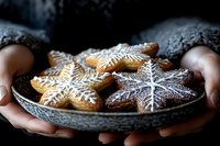 Hands holding plate of decorated gingerbread cookies with white icing patterns on dark background for holiday baking and festive celebrations.