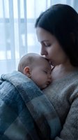 Tender mother holding sleeping newborn baby in cozy knit sweater by window with soft natural light creating intimate bonding moment for family lifestyle.