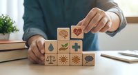Businessman arranging wooden blocks with health and wellness icons including brain, heart, plant, and balance symbols on office desk.