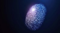 Digital fingerprint hologram glowing with blue and purple light on dark background for cybersecurity and biometric authentication technology concepts.