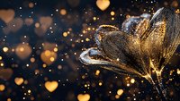 Golden flower with sparkling particles and bokeh lights on dark background, suitable for luxury, celebration, and festive design projects.