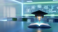 Digital education concept with graduation cap, glowing lightbulb and open book surrounded by technology icons in modern futuristic learning environment.