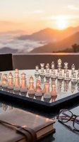 Glass chess set on outdoor table at sunset with mountain landscape backdrop creating warm golden light reflections on transparent game pieces.