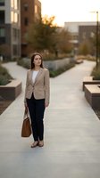 Professional young Caucasian businesswoman in beige blazer walking confidently through modern urban plaza during golden hour sunset with leather handbag.