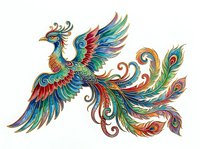 Colorful ornamental phoenix with vibrant feathers in red, blue, green, and gold tones, isolated on white background, suitable for design projects and decorative applications.