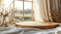 Empty wooden tray on white fabric near window with pampas grass decoration in warm sunlight, creating cozy minimalist atmosphere for product display.