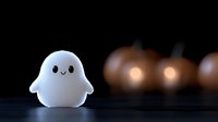 Cute white ghost figurine with glowing eyes sits on dark surface with warm bokeh lights in background, Halloween decoration concept for seasonal marketing.