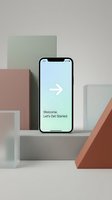 Modern smartphone displaying welcome screen with arrow icon surrounded by geometric shapes in pastel colors for app development and user interface design.