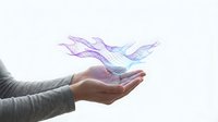 Hands cupping glowing purple and blue energy waves floating above palms against white background for wellness and spiritual healing concepts.