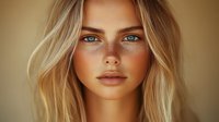 Close-up portrait of blonde woman with freckles and striking blue eyes against neutral background, conveying natural beauty and emotional depth.