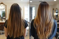 Before and after professional balayage hair coloring shows transformation from plain brown to multi-tonal caramel blonde highlights on long straight hair.