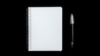 Minimalist composition with blank spiral notebook and black pen on dark background, creating stark contrast for business and educational concepts.