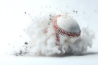 Baseball exploding with powder and dust against white background, creating dramatic sports action effect for athletic promotional materials.