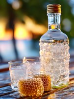 Glass bottle with frozen ice texture and two glasses on wooden table at sunset, accompanied by golden honeycomb pieces creating warm atmospheric scene.