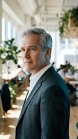 Mature male professional with gray hair wearing dark blazer and white shirt in modern office environment with plants and natural lighting.
