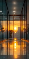 Modern office corridor with glass walls reflecting dramatic sunset, creating mirror effect on polished floor. Warm orange glow illuminates minimalist interior space.