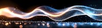 Abstract glowing wave with particles flowing on dark background, blue and orange light trail effect creates dynamic motion design element.