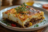 Traditional moussaka slice with layered ground meat, potatoes, eggplant and creamy bechamel sauce topped with fresh herbs served on white plate, close up view of Mediterranean cuisine.