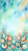 Watercolor ocean border with seashells, starfish, coral, and seaweed in soft teal and pastel tones, with copy space for text.