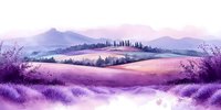 Dreamy purple landscape with rolling hills, cypress trees and lavender fields in soft watercolor style, creating serene Mediterranean countryside atmosphere.