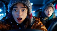 Young Asian woman with surprised expression in winter attire at night, illuminated by city lights with snow falling, companion in background showing similar reaction.