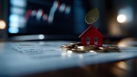 Real estate investment concept with red house model and golden coin on financial documents with blurred stock market charts in background.