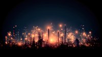 Industrial oil refinery complex at night with glowing lights and smokestacks against dark sky creating dramatic silhouette for energy industry concepts.
