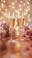 Two champagne flutes filled with sparkling wine surrounded by pink roses and warm bokeh lights creating romantic celebration atmosphere for special occasions.
