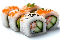California roll with fresh salmon, cucumber, and black sesame seeds on white rice. Close-up view shows texture and layers of traditional Japanese sushi.