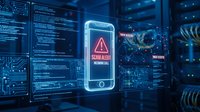 Smartphone displaying scam alert warning with neon triangle icon on digital interface surrounded by code and data screens in dark blue tech environment.