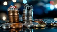 Miniature houses on stacks of coins representing real estate investment, property market growth, mortgage planning and financial savings concept.