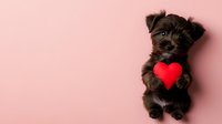 Adorable dark brown puppy lying on pink background holding red heart shape, looking at camera. Sweet Valentine's day or love concept pet portrait.