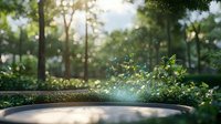 Magical garden fountain with morning sunlight streaming through trees, creating ethereal mist and bokeh effect in lush green landscape. Peaceful outdoor scene.