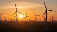 Wind turbines generating renewable energy at sunset with golden sky and silhouettes creating sustainable power landscape for environmental projects.