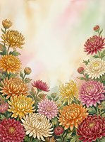 Watercolor chrysanthemum flowers frame with soft pastel background for autumn greeting cards, wedding invitations and floral design projects.