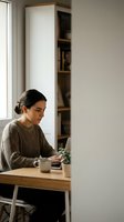 Young Hispanic woman working on laptop at home office desk wearing cozy sweater with coffee cup in modern minimalist workspace for remote work and productivity.
