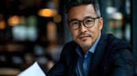 Professional Asian businessman with glasses in dark suit smiling confidently at camera in modern office environment with warm bokeh lighting background.