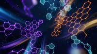 Abstract hexagonal molecular structures floating in cosmic space with glowing neon colors and light beams creating futuristic scientific visualization.