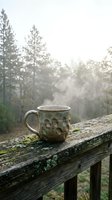 Rustic ceramic mug with steaming hot drink resting on mossy wooden railing, misty forest in background, cozy autumn morning outdoors.