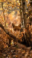 Red fox among golden autumn birch trees with fallen leaves, wildlife in natural forest habitat during fall season.