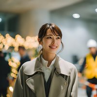 Young Asian businesswoman smiling confidently in modern office environment with warm bokeh lights and professional atmosphere for corporate success.