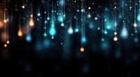 Glowing orange and turquoise light bulbs hanging from above create magical atmosphere against dark background, bokeh effect adds dreamy mood for festive designs.