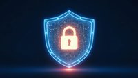 Glowing digital shield with padlock icon representing cybersecurity protection and data privacy on dark blue background for technology concepts.