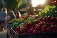 Fresh ripe strawberries at farmers market stall in wooden box during sunset, with blurred shoppers and green produce in background, selective focus.