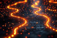 Glowing orange serpentine paths on dark circuit board surface with scattered light particles create futuristic technology visualization background pattern.