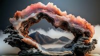 Dramatic mountain landscape framed by curved agate slice with pink and black mineral layers, creating ethereal window effect against misty peaks and clouds.